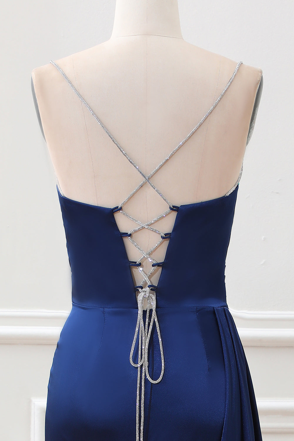 Navy Mermaid Spaghetti Straps Pleated Corset Maxi Dress With Slit