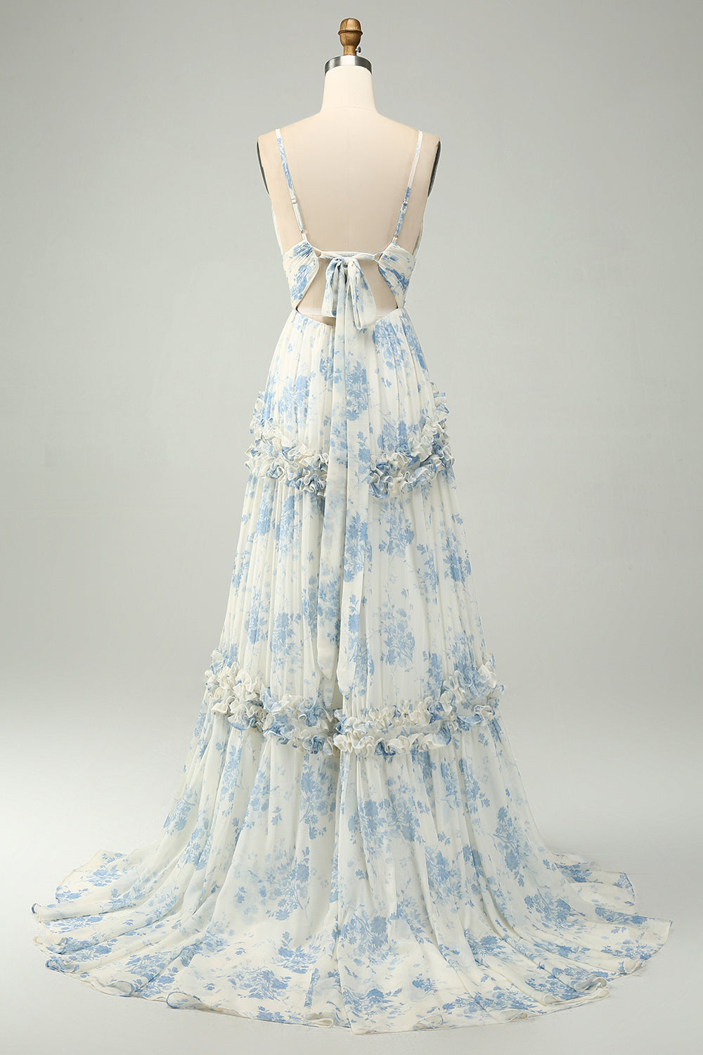 White Blue Flower A Line Long Tulle Maxi Dress with Ruffles