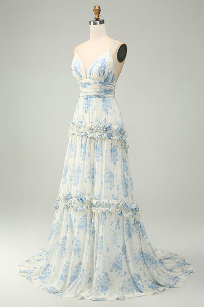 Berylove Women Wedding Guest Dress White Blue Flower A Line Spaghetti
