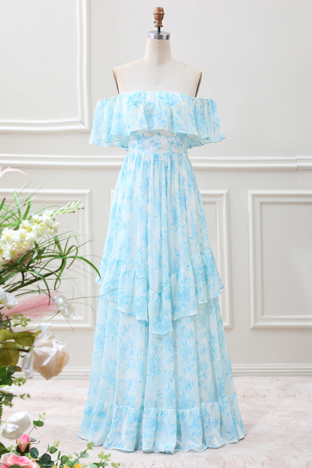 White Blue Floral Off The Shoulder Boho Maxi Dress with Ruffles