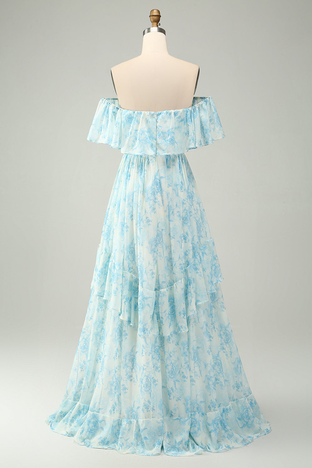 White Blue Floral Off the Shoulder Tiered Maxi Dress