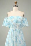 White Blue Floral Off the Shoulder Tiered Maxi Dress