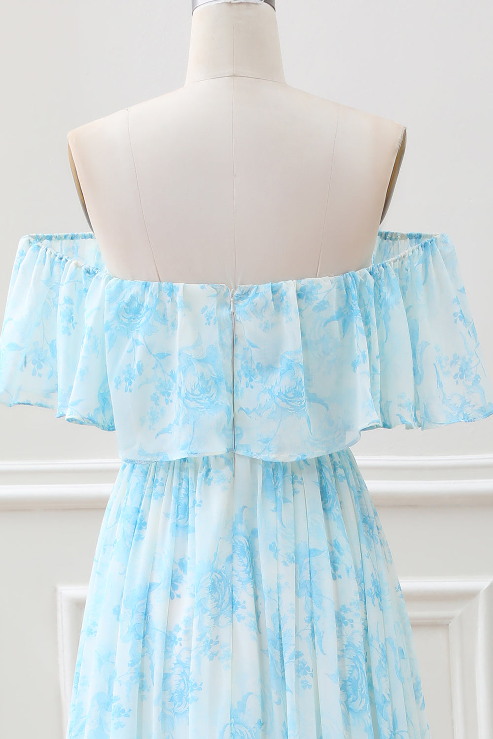 White Blue Floral Off The Shoulder Boho Maxi Dress with Ruffles