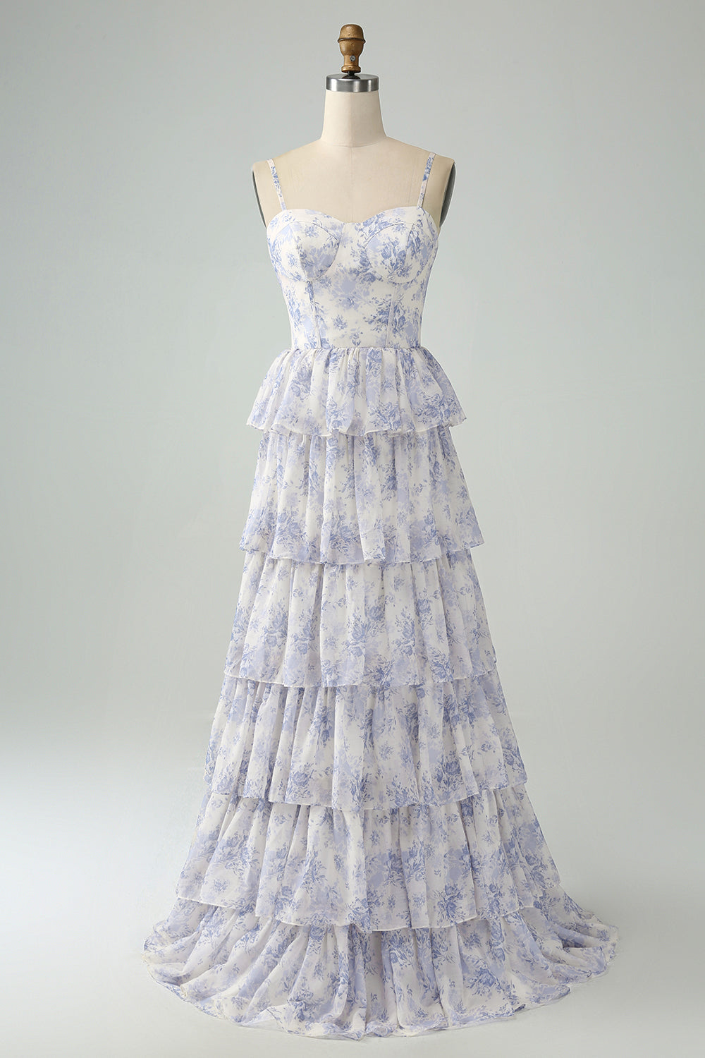 White Blue Floral Spaghetti Straps Tiered Maxi Dress