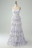 White Blue Floral Spaghetti Straps Tiered Maxi Dress