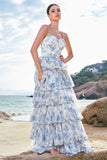 White Blue Floral Spaghetti Straps Tiered Maxi Dress