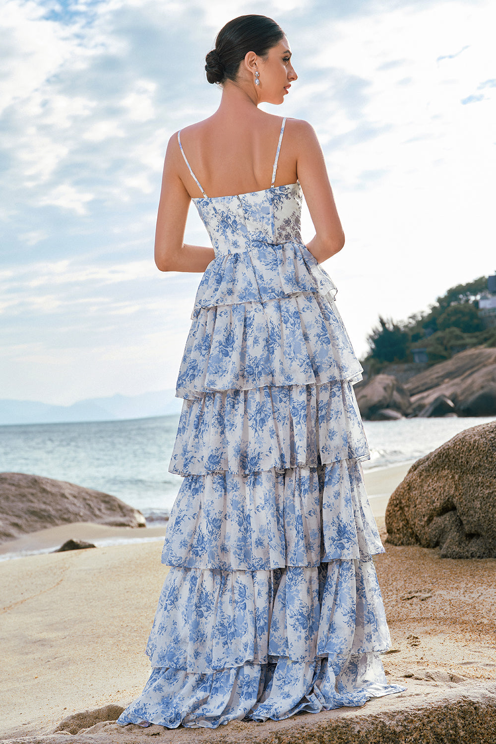 White Blue Floral Spaghetti Straps Tiered Maxi Dress