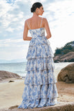 White Blue Floral Spaghetti Straps Tiered Maxi Dress