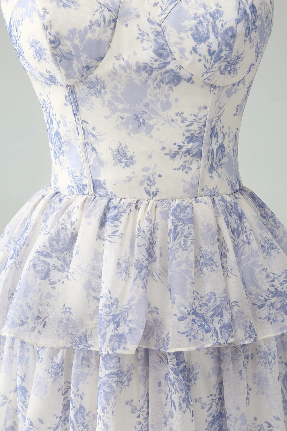 White Blue Floral Spaghetti Straps Tiered Maxi Dress