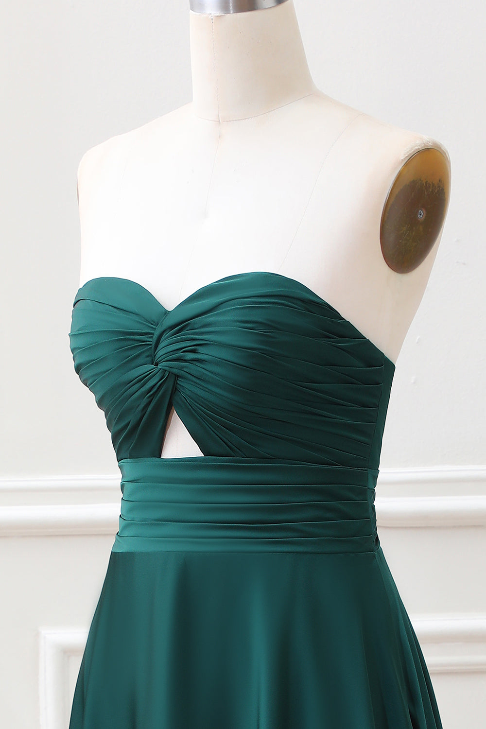 Dark Green A Line Sweetheart Keyhole Pleated Maxi Dress