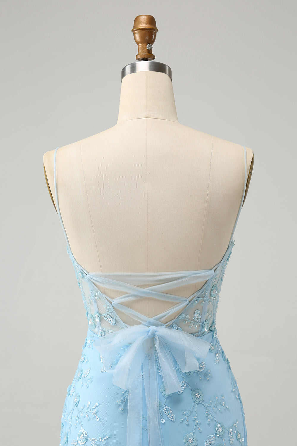 Blue Spaghetti Straps Bodycon Mini Dress with Lace-Up Back
