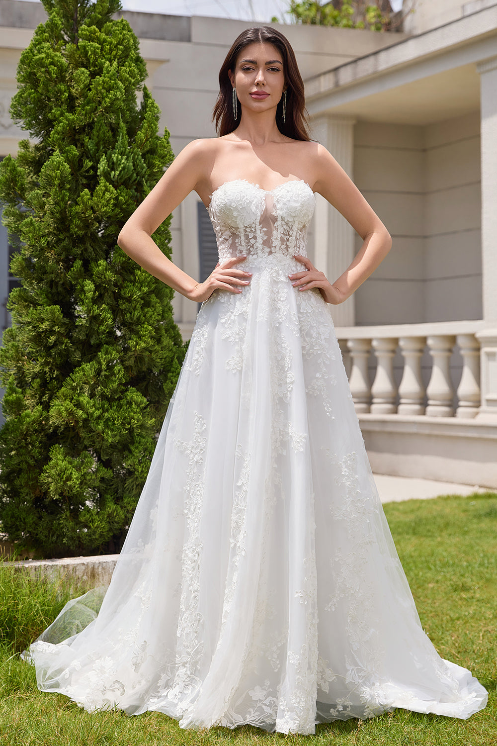 White A Line Corset Detachable Straps Long Wedding Dress with Appliques Lace