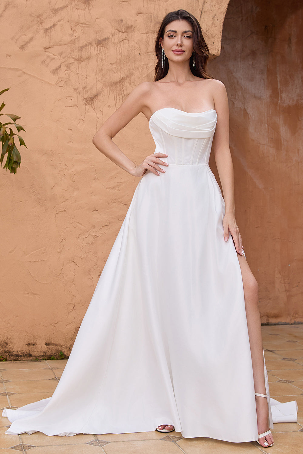 Simple White A Line Corset Strapless Sweep Train Wedding Dress with Slit