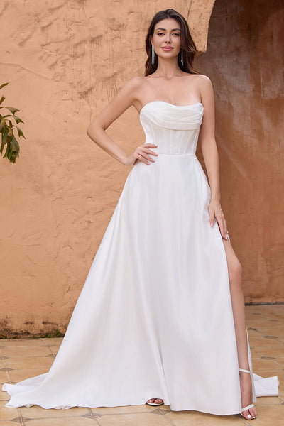 Berylove Women Simple White A Line Wedding Dress with Slit Corset Strapless Sweep Train Bridal Dress, White / US22W Berylove Women Simple White A Line Wedding Dress with Slit Corset Strapless Sweep Train Bridal Dress, White / US22W