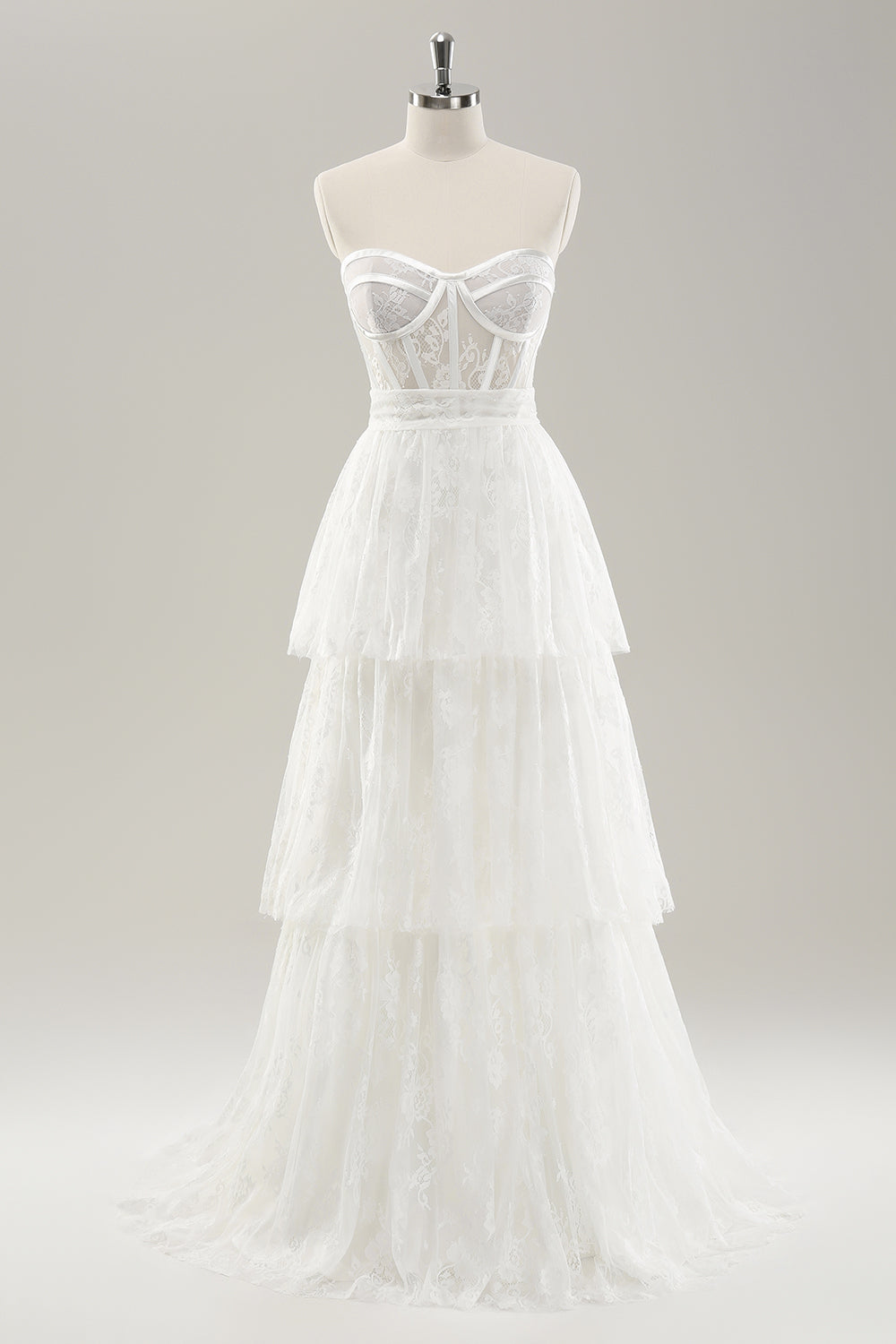Beauty White Sweetheart Corset Tiered Lace Long Wedding Dress