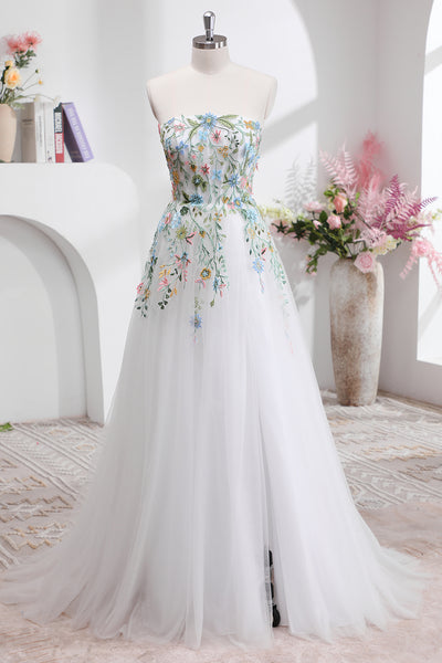 Berylove Women White Wedding Dress with Slit Strapless 3D Flowers Tulle A-Line Bridal Dress Berylove Women White Wedding Dress with Slit Strapless 3D Flowers Tulle A-Line Bridal Dress