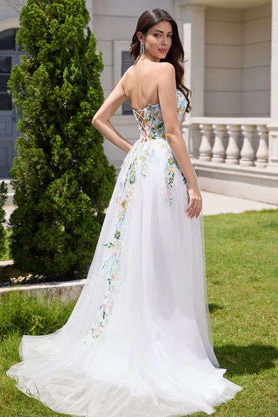 white wedding dress with floral embroidery Berylove Women A Line Long Slit Strapless Corset Tulle Bridal Dress Lace appliqués with floral motifs are scattered across the bodice and skirt Floral Lace Ball Gown Wedding