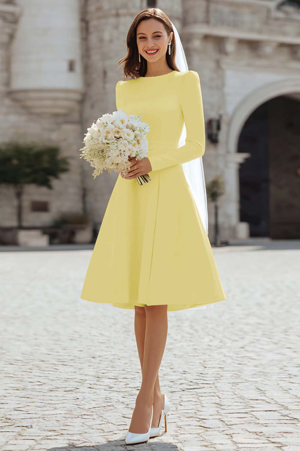 Ivory A-Line Long Sleeve Engagement Dress
