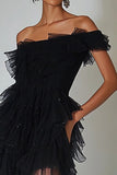 Off The Shoulder Ruffle Tulle Little Black Dress