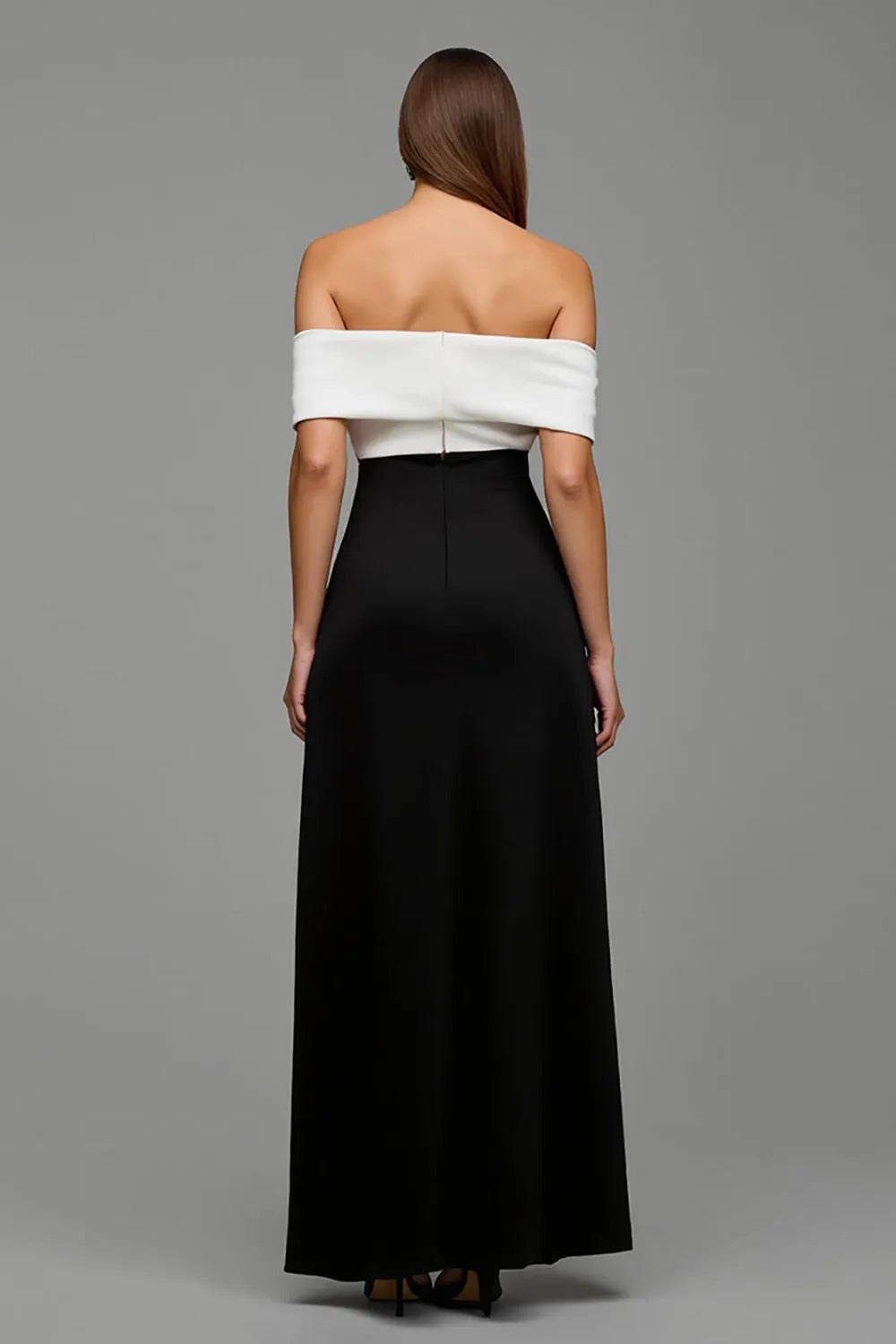 Black and White Off-Shoulder Sheath Formal Dress With Bow