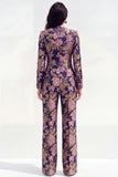 Round Neck Brocade Yellow Floral 2 Piece Women Suits