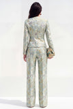 Round Neck Brocade Yellow Floral 2 Piece Women Suits