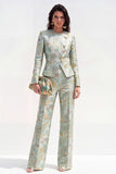 Round Neck Brocade Yellow Floral 2 Piece Women Suits