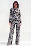Round Neck Brocade Yellow Floral 2 Piece Women Suits