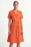 Notched Lapel A Line Orange Short Sleeve Midi Work Dress with Sash