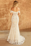 Off the Shoulder Sheath Lace Ivory Boho Wedding Dress