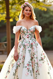 Off The Shoulder White Floral Wedding Dress with Appliques