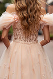 Champagne Off The Shoulder Appliqued Corset Homecoming Dress