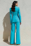 Slim Fit Blue 2-Piece Peak Lapel Women Work Suits