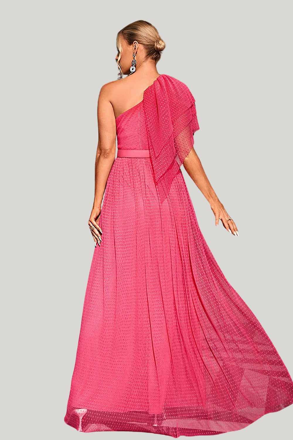 Berylove Women Coral A Line One Shoulder Wedding Guest Dress Tulle Maxi Dress with Belt