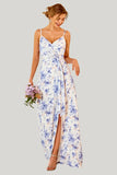 Blue Floral Print A Line Spaghetti Straps Maxi Dress with Slit