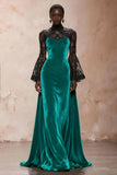 Black Velvet High Neck Evening Dress with Lace