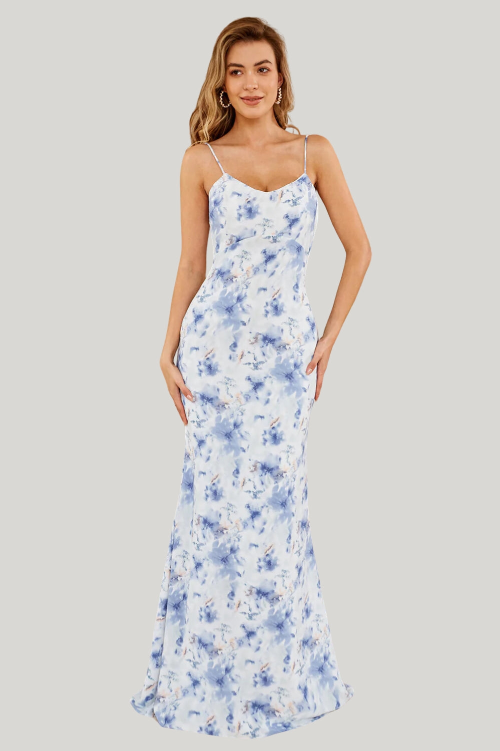 Berylove Women Floral Blue Wedding Guest Mermaid Spaghetti Straps Maxi Birdesmaid Dress with Slit