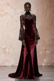 Black Velvet High Neck Evening Dress with Lace