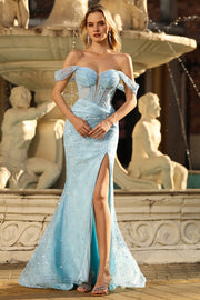 Off The Shoulder Blue Mermaid Corset Sequin Prom Dress With Slit