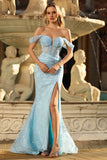 Off The Shoulder Blue Mermaid Corset Sequin Prom Dress With Slit