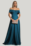 Peacock Blue Satin A Line Off the Shoulder Maxi Dress