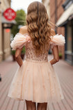 Champagne Off The Shoulder Appliqued Corset Homecoming Dress