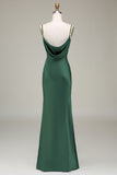 Dusty Blue Sheath Cowl Neck Satin Maxi Dress with Slit