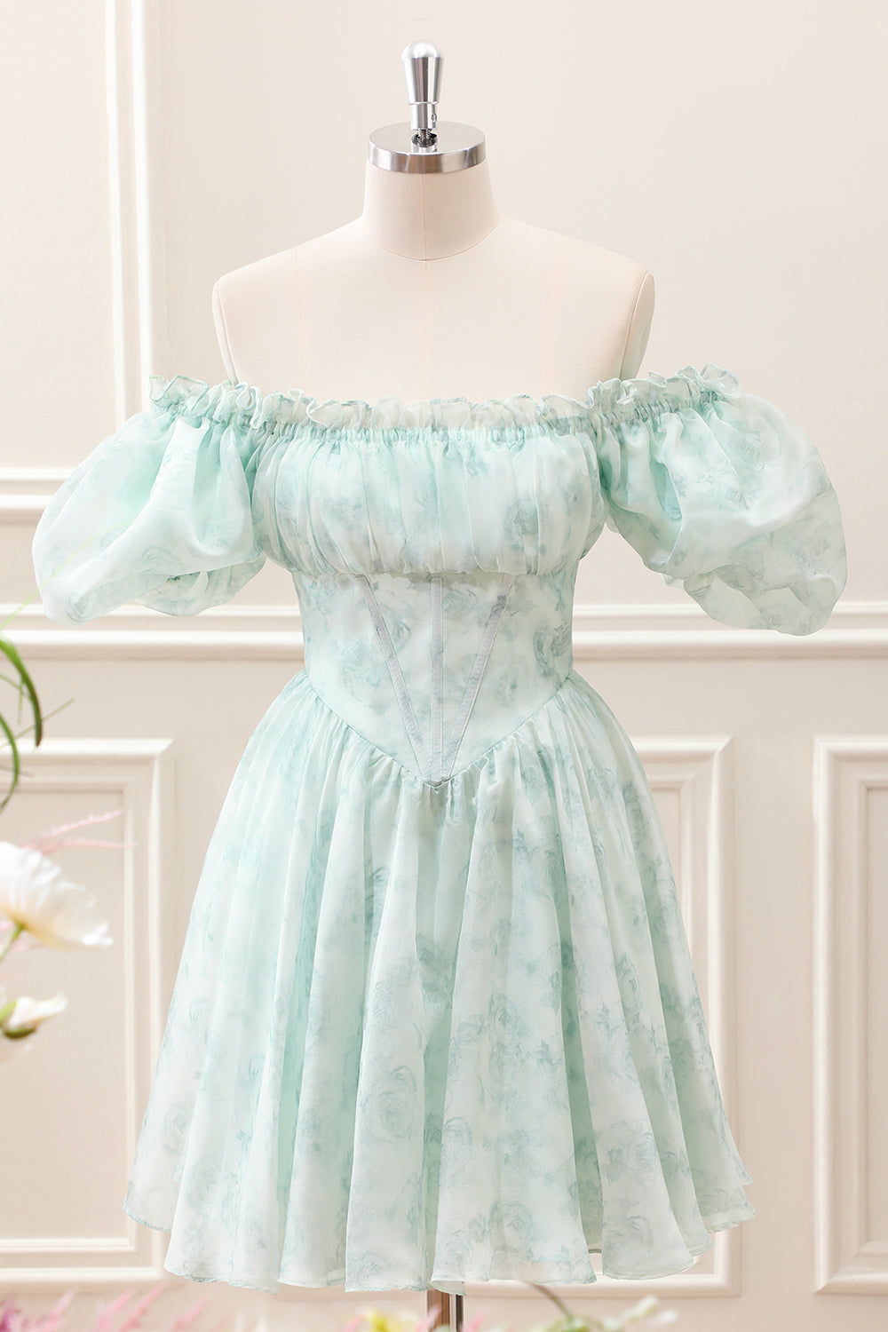 Berylove Women Light Blue Mini Dress Floral Corset Puff Sleeves A Line Homecoming Dress, Light Green / US20W Berylove Women Light Blue Mini Dress Floral Corset Puff Sleeves A Line Homecoming Dress, Light Green / US20W