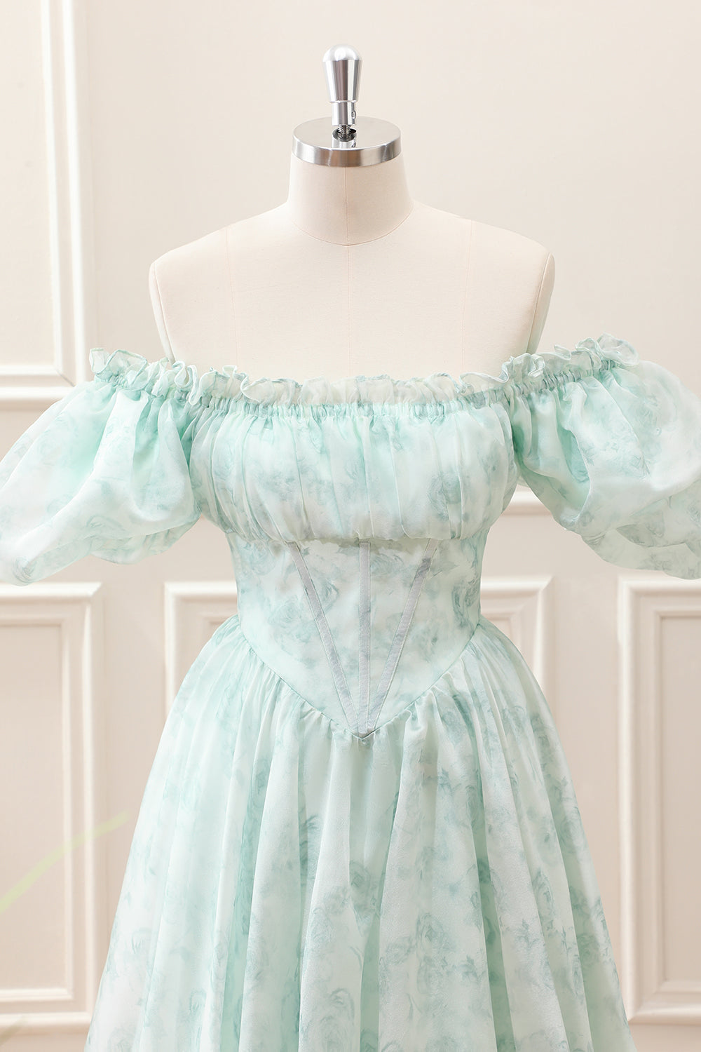 Berylove Women Floral Light Green Mini Dress A Line Off the Shoulder Corset Homecoming Dress with Puff Sleeves, Light Green / US26W Berylove Women Floral Light Green Mini Dress A Line Off the Shoulder Corset Homecoming Dress with Puff Sleeves, Light Green / US26W