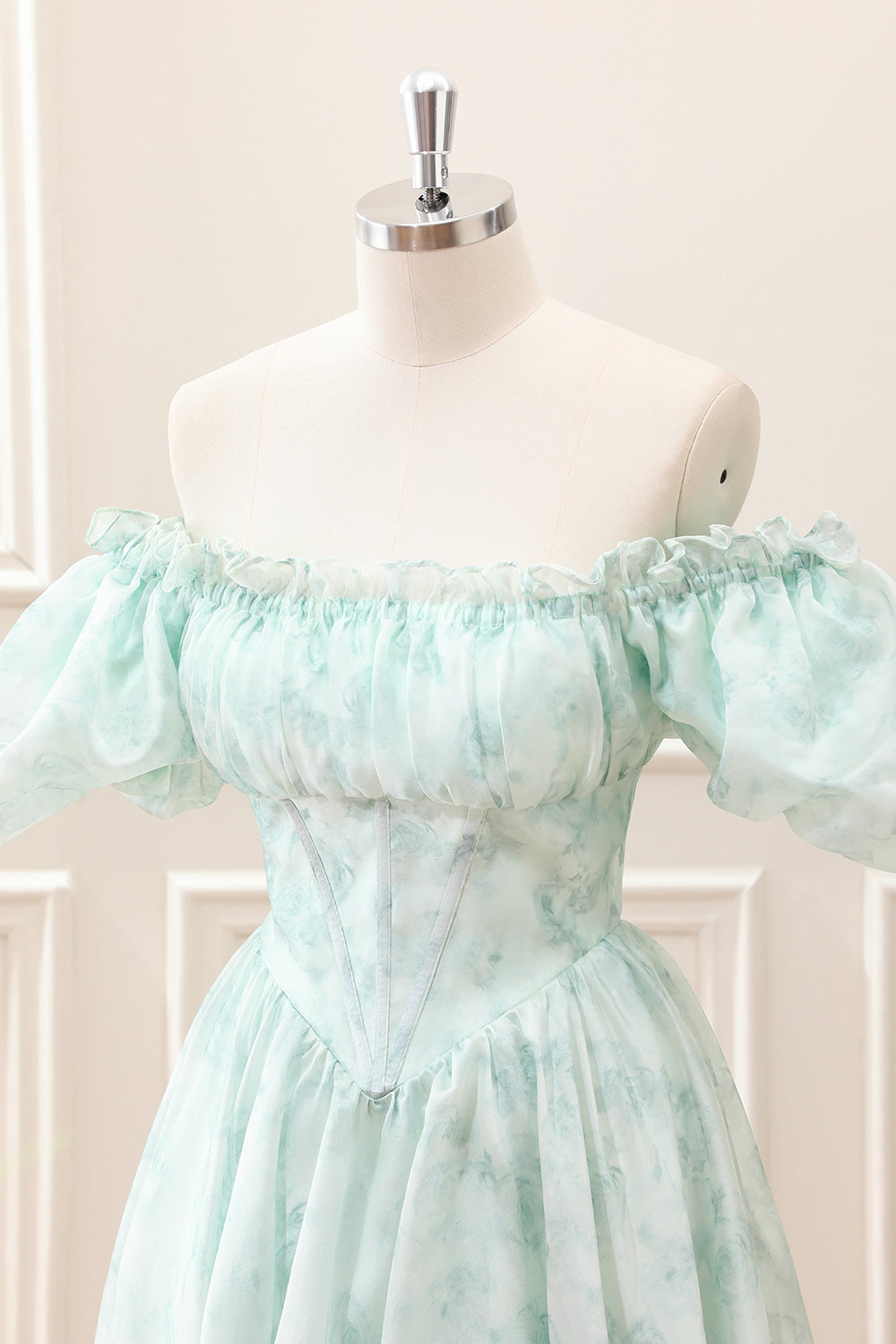 Berylove Women Floral Light Green Mini Dress A Line Off The Shoulder Corset Homecoming Dress with Puff Sleeves, Light Green / US2 Berylove Women Floral Light Green Mini Dress A Line Off The Shoulder Corset Homecoming Dress with Puff Sleeves, Light Green / US2