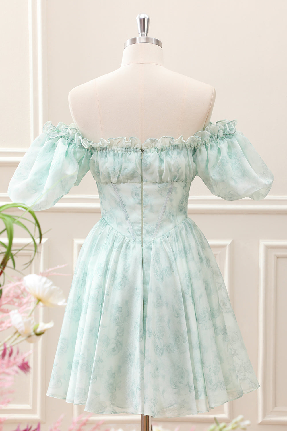 Berylove Women Light Blue Mini Dress Floral Corset Puff Sleeves A Line Homecoming Dress, Light Green / US20W Berylove Women Light Blue Mini Dress Floral Corset Puff Sleeves A Line Homecoming Dress, Light Green / US20W