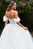 Off The Shoulder White A Line Wedding Dress with Slit