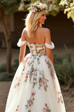 Off The Shoulder Floral White Wedding Dress with Appliques