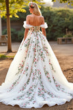Off The Shoulder White Floral Wedding Dress with Appliques